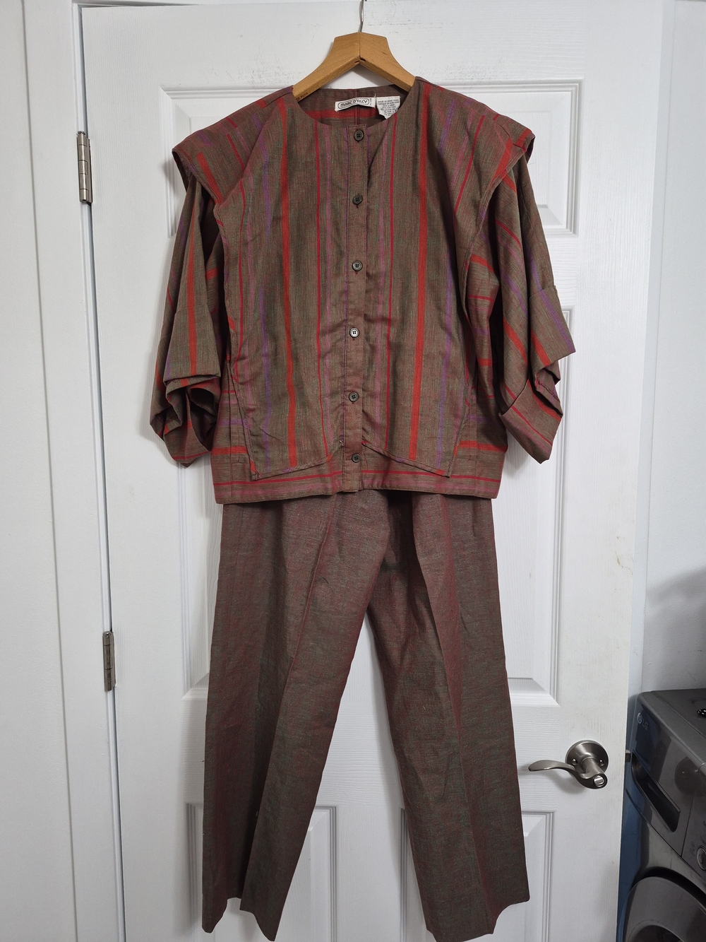 Vintage Women’s Striped Two-Piece Set - Brown with Red Accents